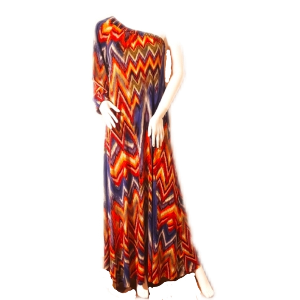 ALLEN B. Schwartz Chevron Prt. Blue Orange O/S Dress-New-L